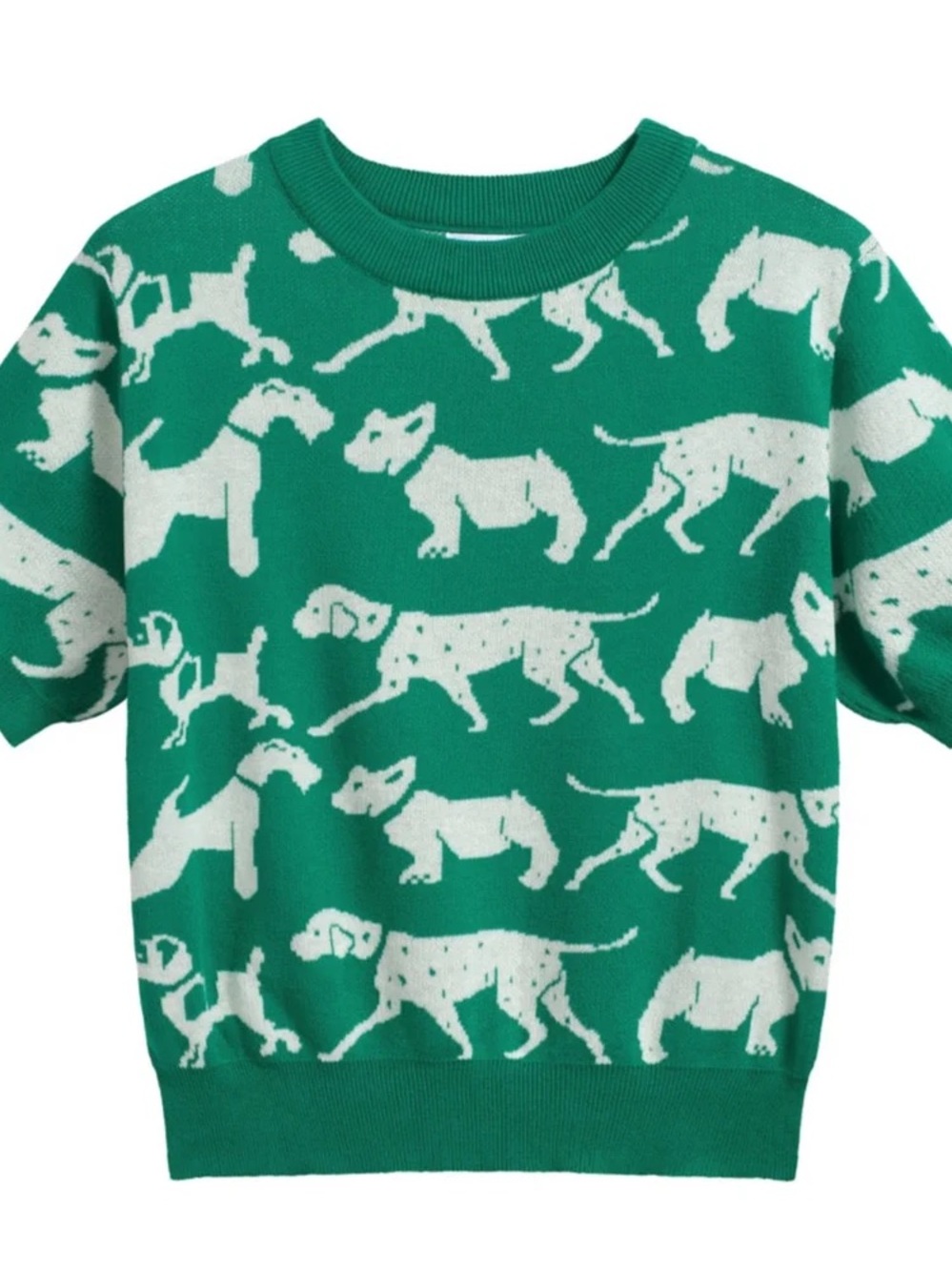 Green Dog-Pattern Short-Sleeve Kids Sweater